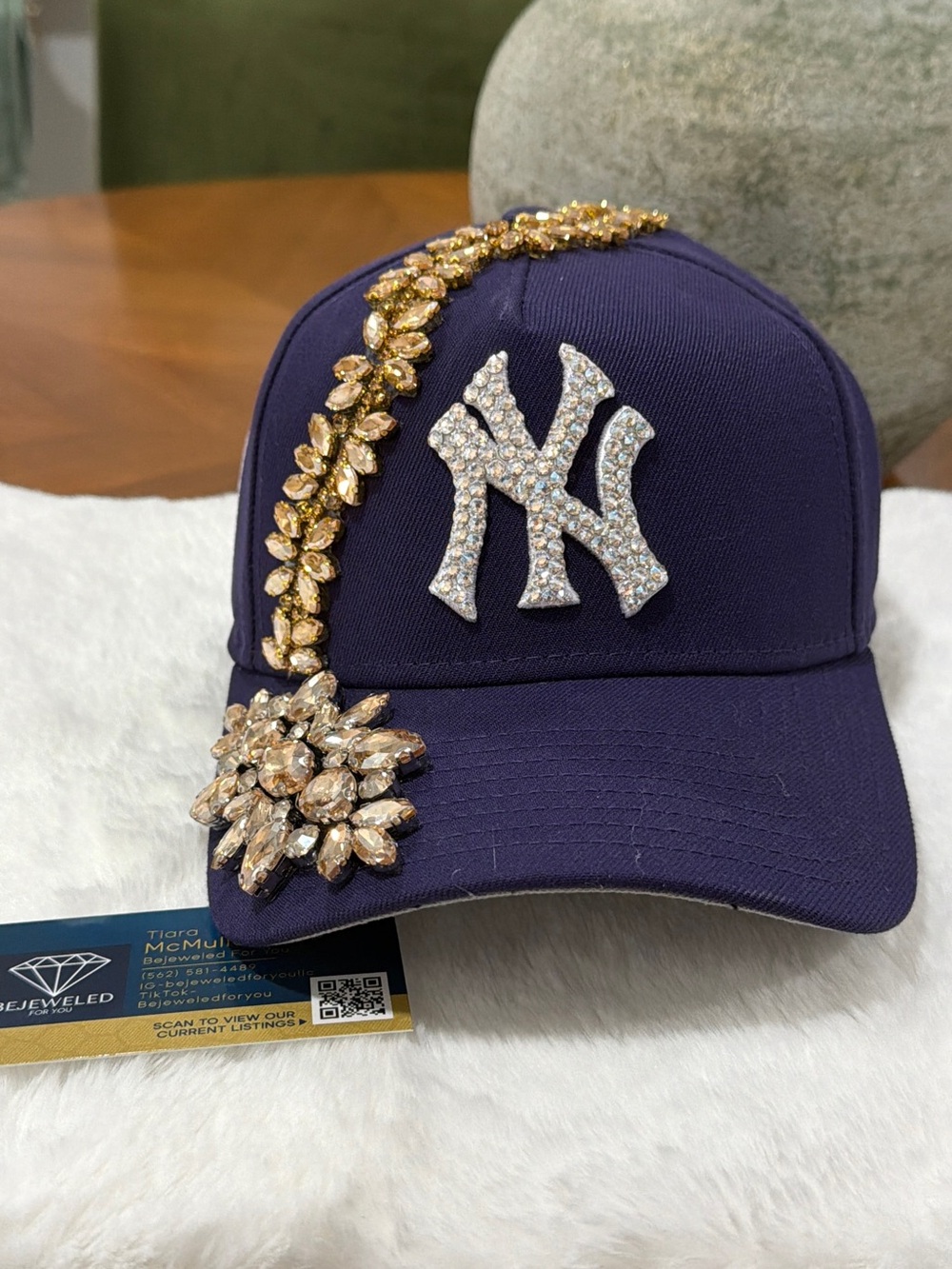 Embellished Purple NY Baseball Cap with Gold Crystals.